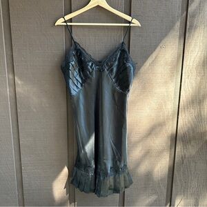 Vintage black silky slip dress with pleated details